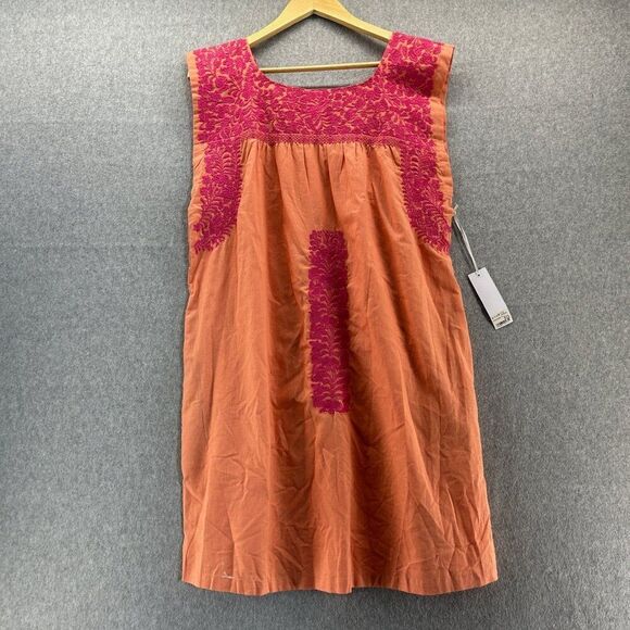 J. Marie NWT Womens Medium Oaxaca Floral Embroidered Dress Orange Pink Linen - Picture 4 of 16